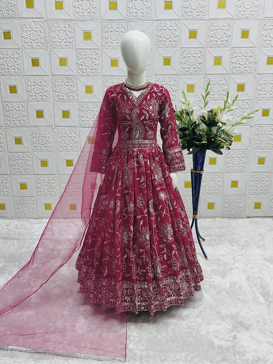 Dark Pink Heavy Fox Georgette Embroidered Sequins Ethnic Casual Festival Party Wedding Gown