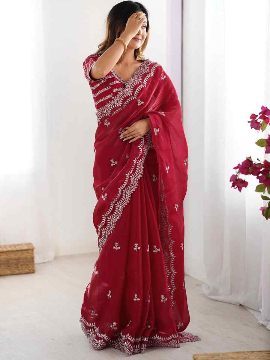 Dark Pink Jimmy Chu Embroidered Festival Wedding Fancy Heavy Border Saree