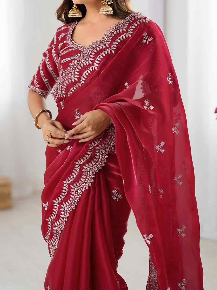 Dark Pink Jimmy Chu Embroidered Festival Wedding Fancy Heavy Border Saree