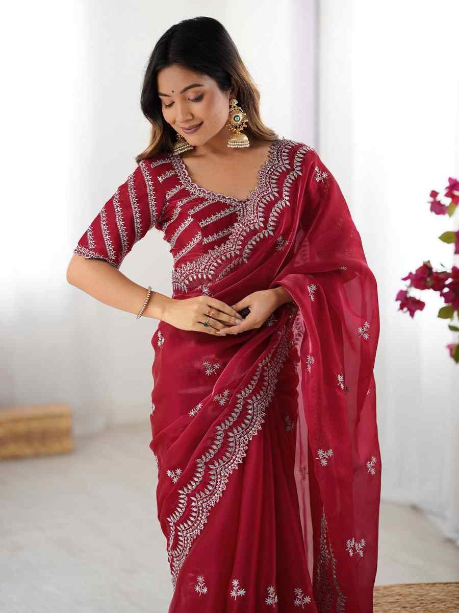 Dark Pink Jimmy Chu Embroidered Festival Wedding Fancy Heavy Border Saree