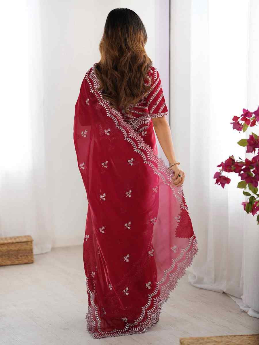 Dark Pink Jimmy Chu Embroidered Festival Wedding Fancy Heavy Border Saree
