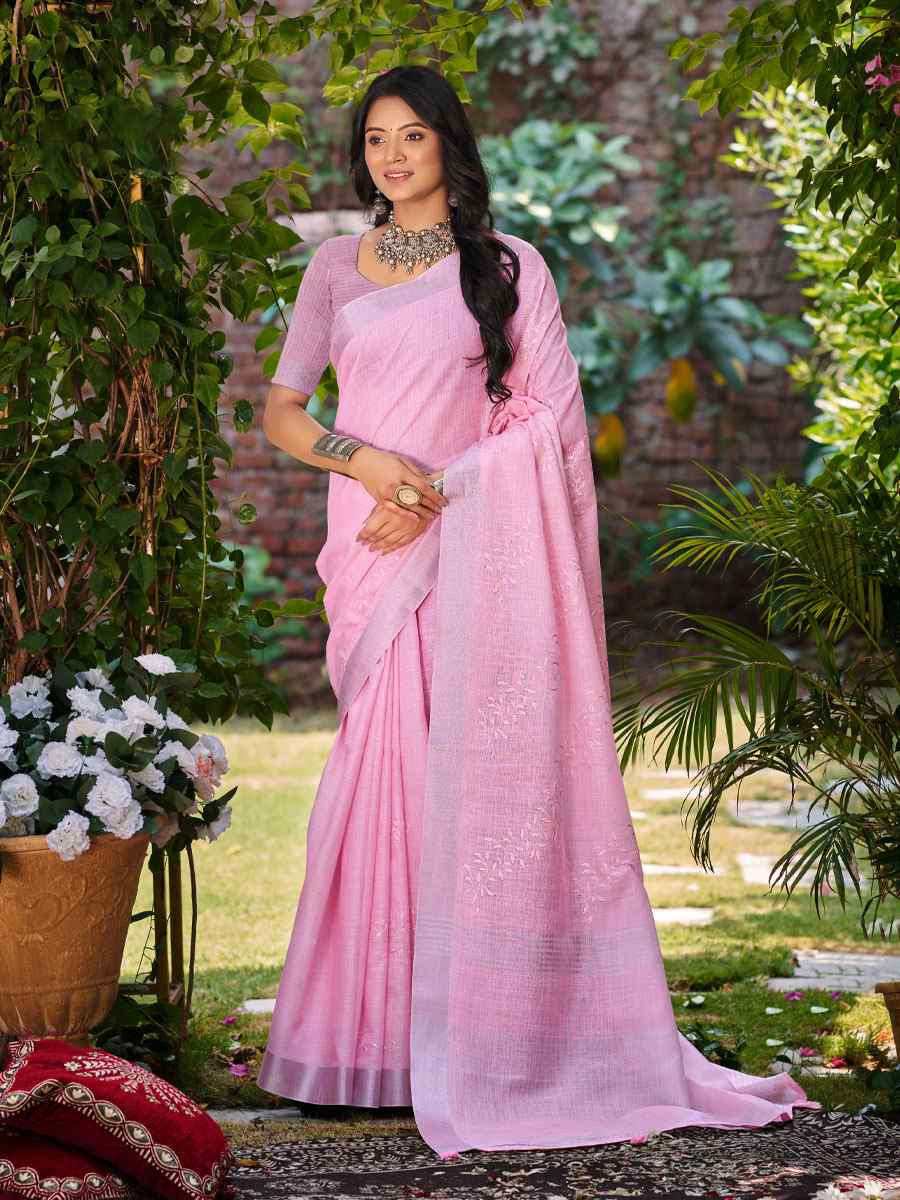 Dark Pink Linen Embroidery Handwoven Casual Festival Party Classic Style Sarees