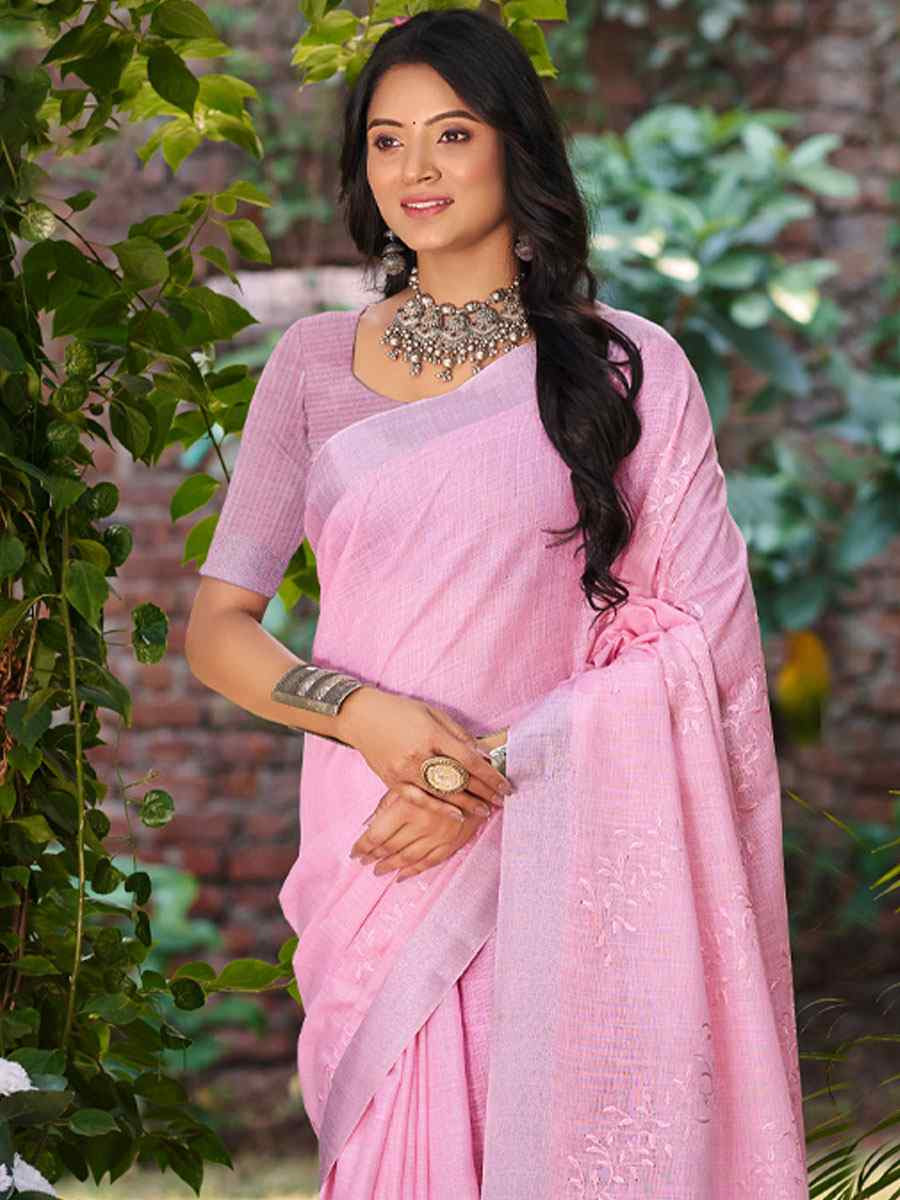 Dark Pink Linen Embroidery Handwoven Casual Festival Party Classic Style Sarees