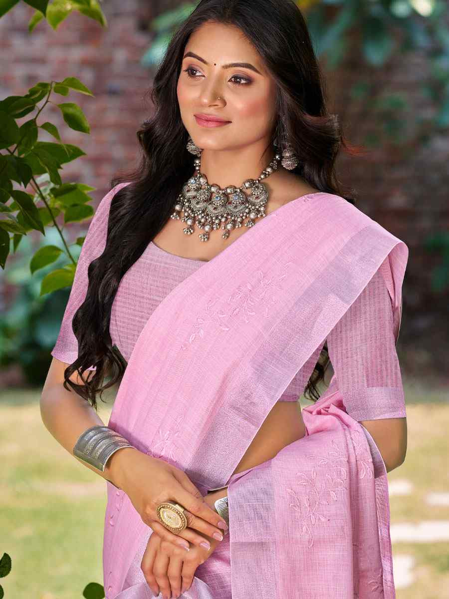 Dark Pink Linen Embroidery Handwoven Casual Festival Party Classic Style Sarees