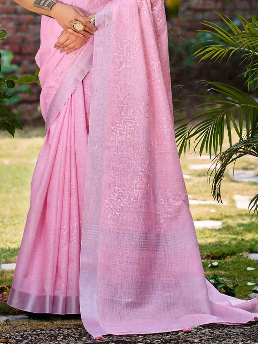 Dark Pink Linen Embroidery Handwoven Casual Festival Party Classic Style Sarees
