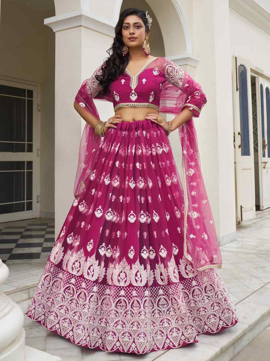 Dark Pink Net Embroidered Wedding Reception Festival Heavy Border Lehenga Choli