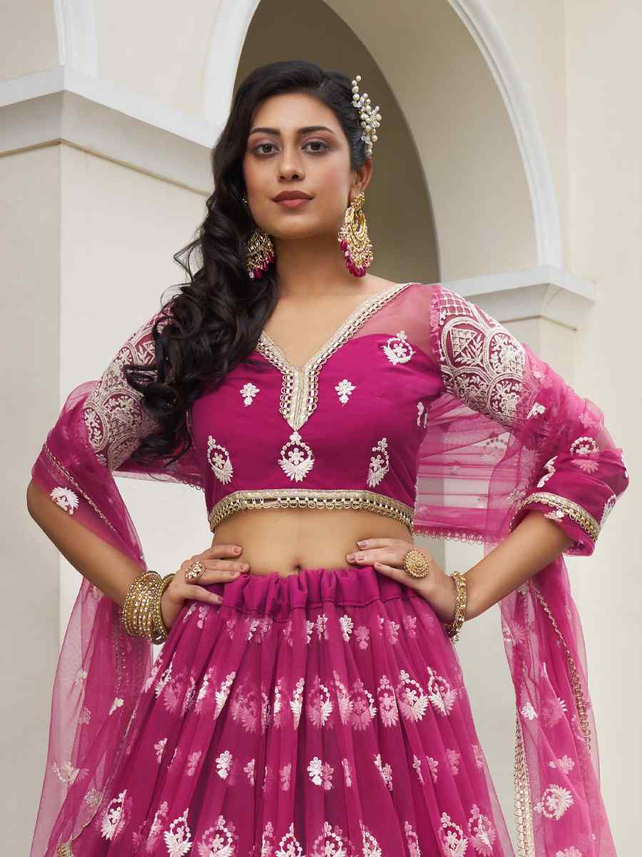 Dark Pink Net Embroidered Wedding Reception Festival Heavy Border Lehenga Choli