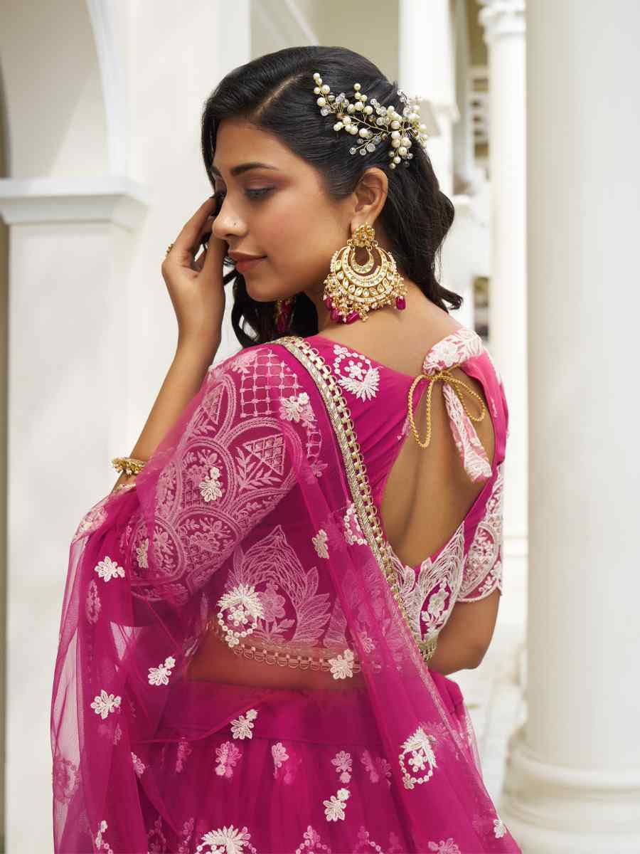 Dark Pink Net Embroidered Wedding Reception Festival Heavy Border Lehenga Choli