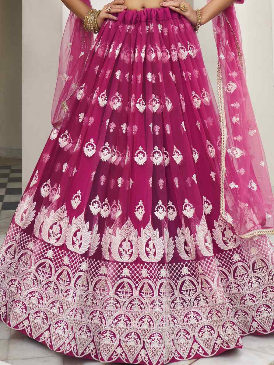 Dark Pink Net Embroidered Wedding Reception Festival Heavy Border Lehenga Choli