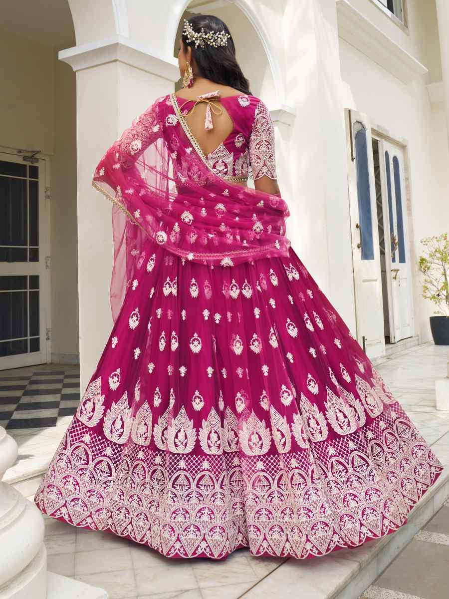 Dark Pink Net Embroidered Wedding Reception Festival Heavy Border Lehenga Choli