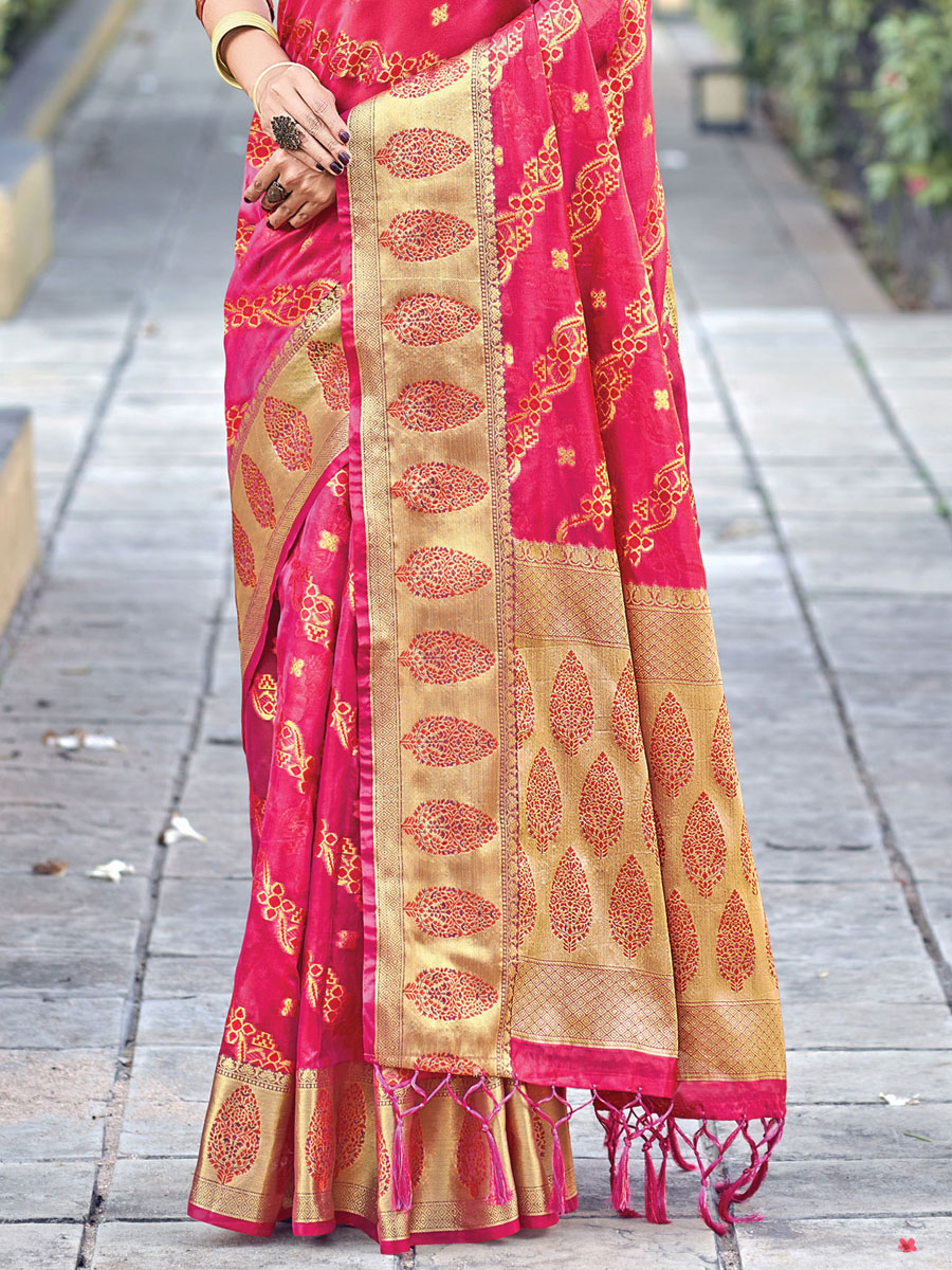 Dark Pink Organza Handwoven Festival Saree