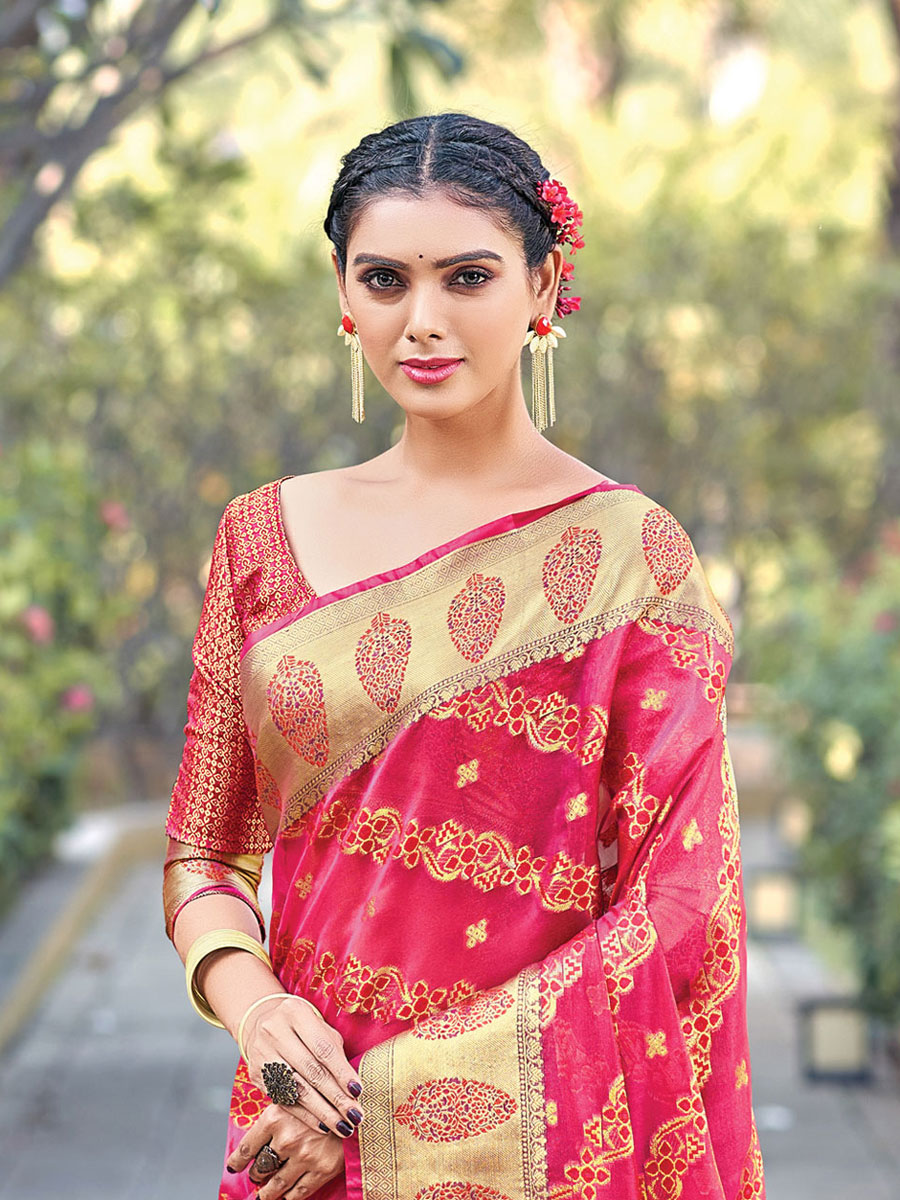 Dark Pink Organza Handwoven Festival Saree