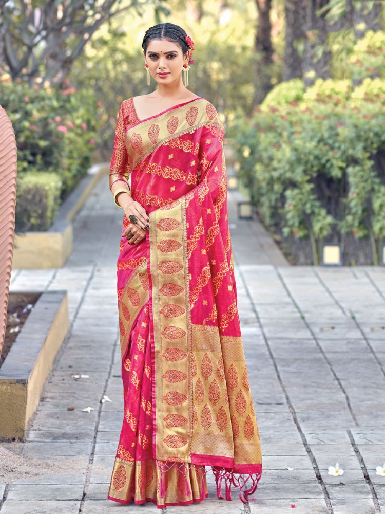 Dark Pink Organza Handwoven Festival Saree
