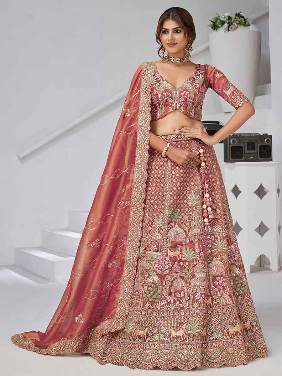 Dark Pink Organza Tissue Embroidered Wedding Reception Festival Heavy Border Lehenga Choli
