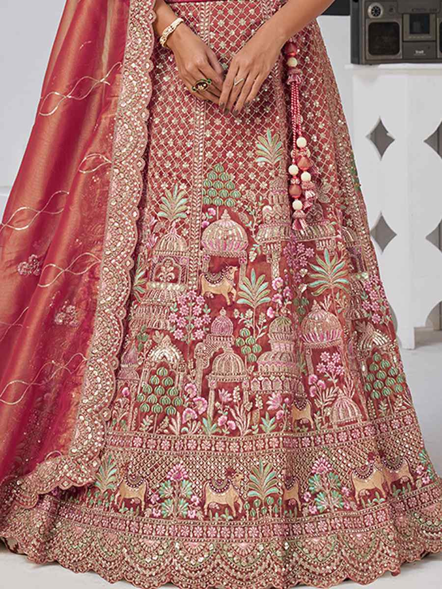 Dark Pink Organza Tissue Embroidered Wedding Reception Festival Heavy Border Lehenga Choli