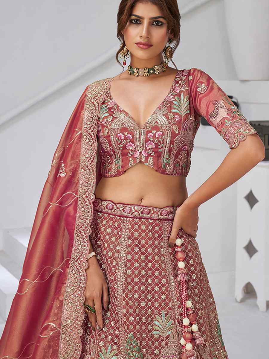 Dark Pink Organza Tissue Embroidered Wedding Reception Festival Heavy Border Lehenga Choli