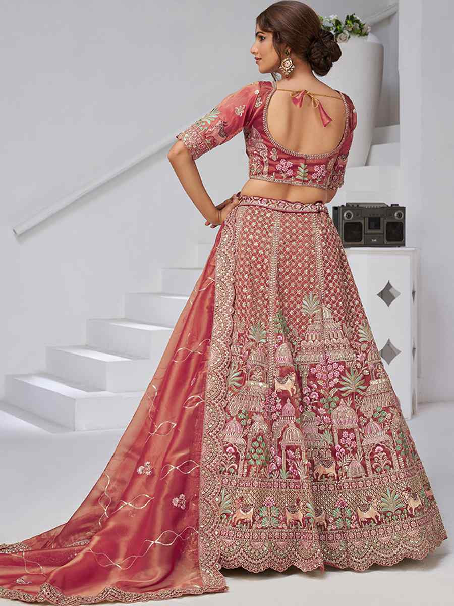 Dark Pink Organza Tissue Embroidered Wedding Reception Festival Heavy Border Lehenga Choli