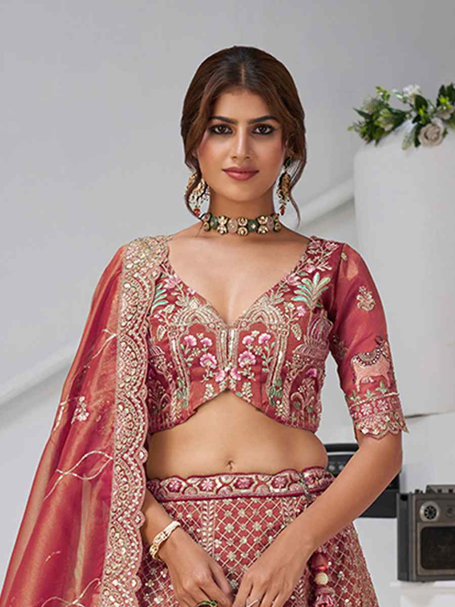 Dark Pink Organza Tissue Embroidered Wedding Reception Festival Heavy Border Lehenga Choli
