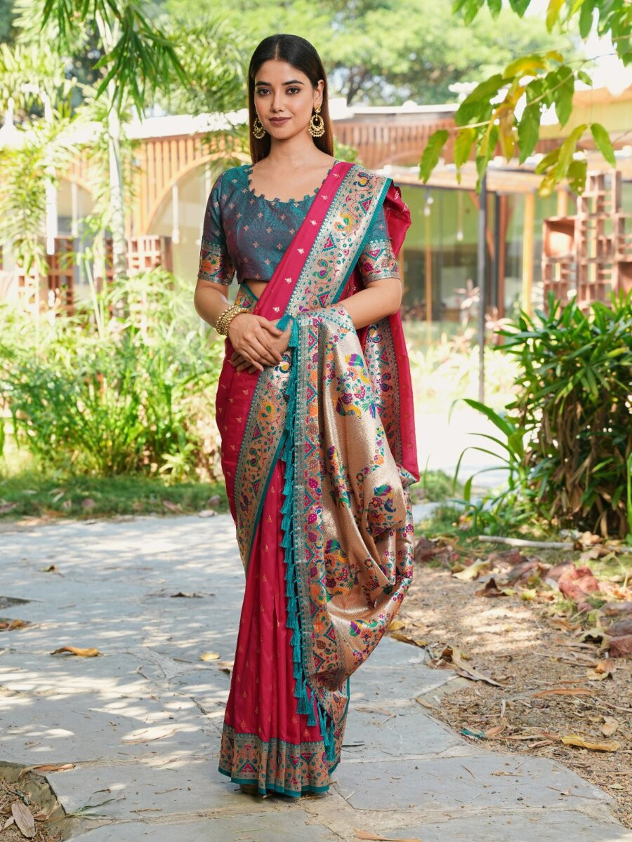 Dark Pink Paithani Soft Silk Zari Woven Meenakari Peacock Paithani Pallu Wedding Reception Party Festival Casual Heavy Border Sarees