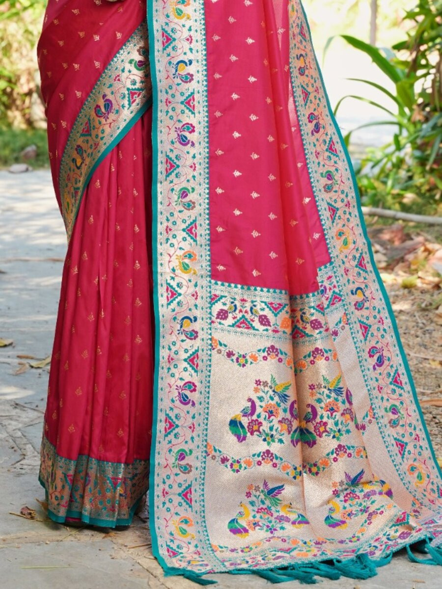 Dark Pink Paithani Soft Silk Zari Woven Meenakari Peacock Paithani Pallu Wedding Reception Party Festival Casual Heavy Border Sarees