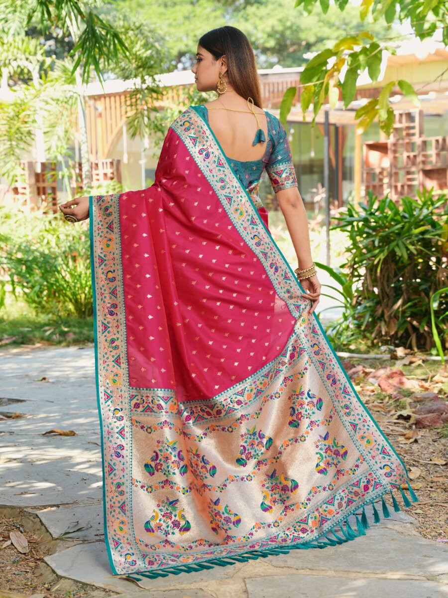 Dark Pink Paithani Soft Silk Zari Woven Meenakari Peacock Paithani Pallu Wedding Reception Party Festival Casual Heavy Border Sarees