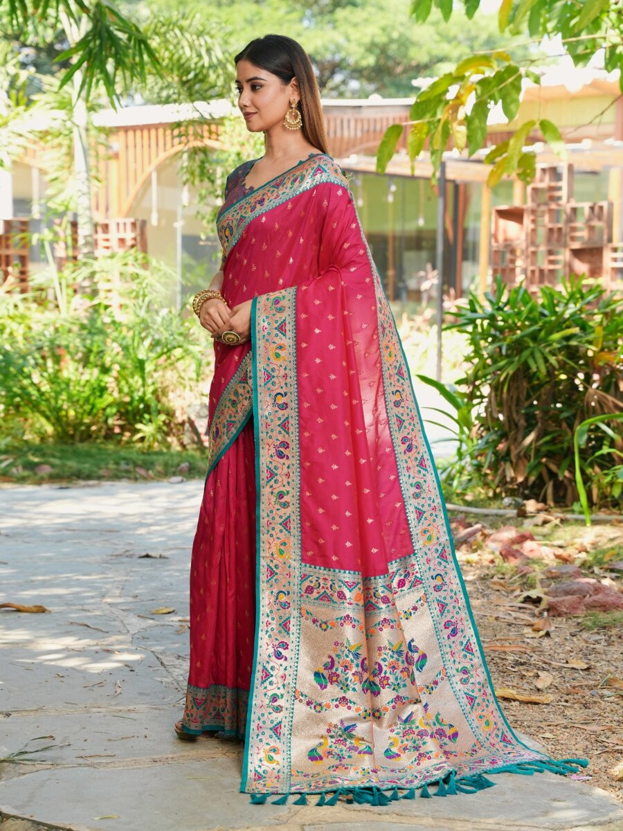Dark Pink Paithani Soft Silk Zari Woven Meenakari Peacock Paithani Pallu Wedding Reception Party Festival Casual Heavy Border Sarees