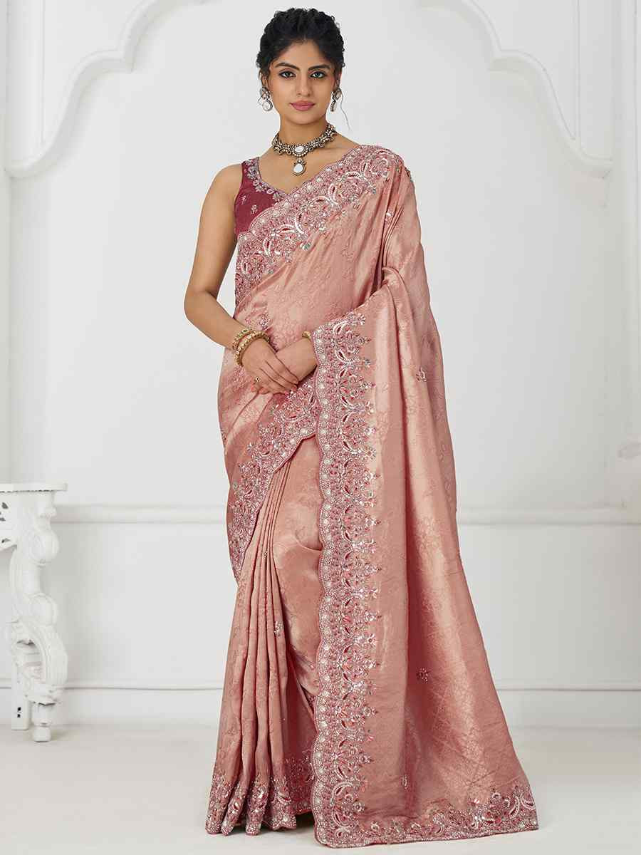 Dark Pink Pure Dola Viscouse Silk Embroidered Festival Wedding Fancy Heavy Border Saree