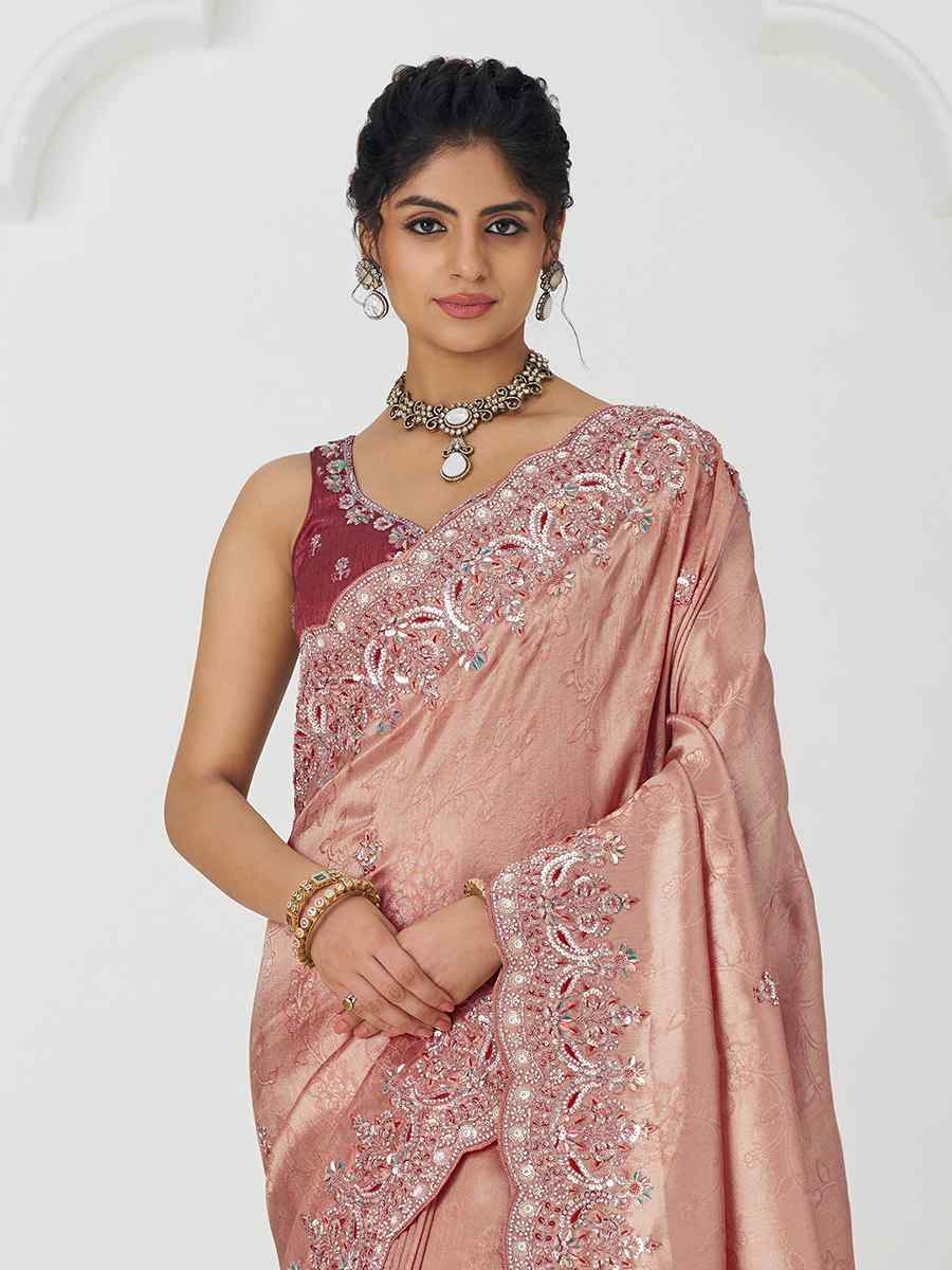 Dark Pink Pure Dola Viscouse Silk Embroidered Festival Wedding Fancy Heavy Border Saree