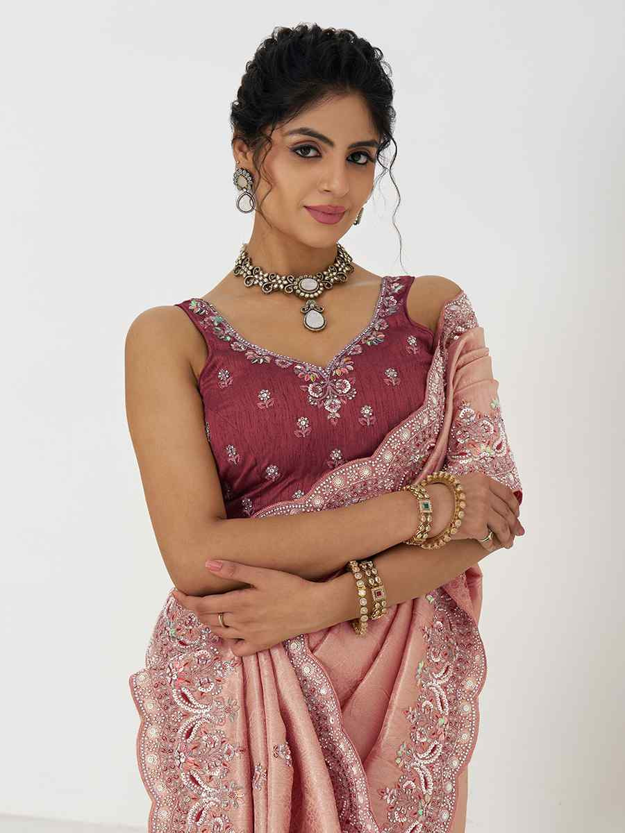 Dark Pink Pure Dola Viscouse Silk Embroidered Festival Wedding Fancy Heavy Border Saree