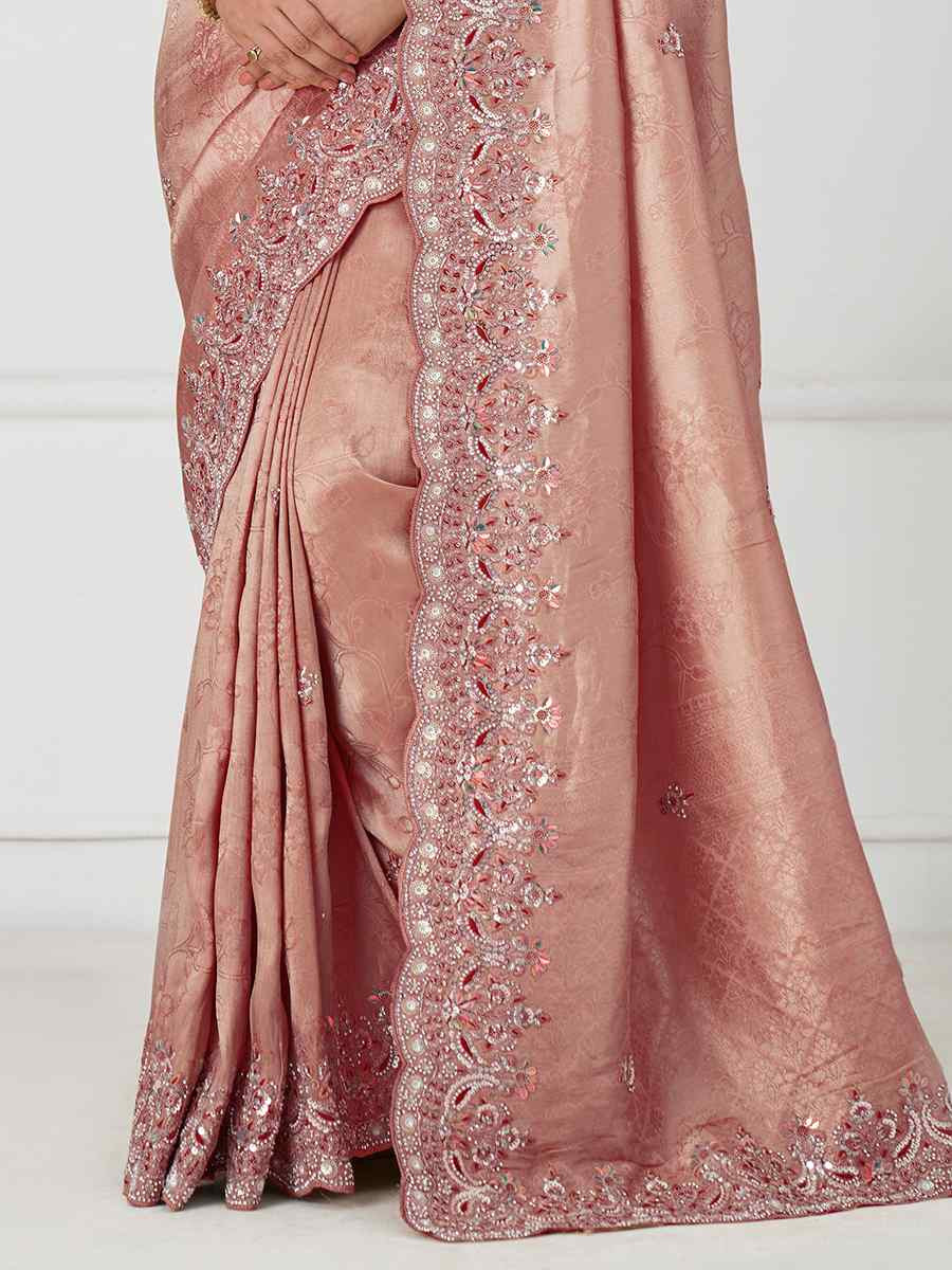 Dark Pink Pure Dola Viscouse Silk Embroidered Festival Wedding Fancy Heavy Border Saree