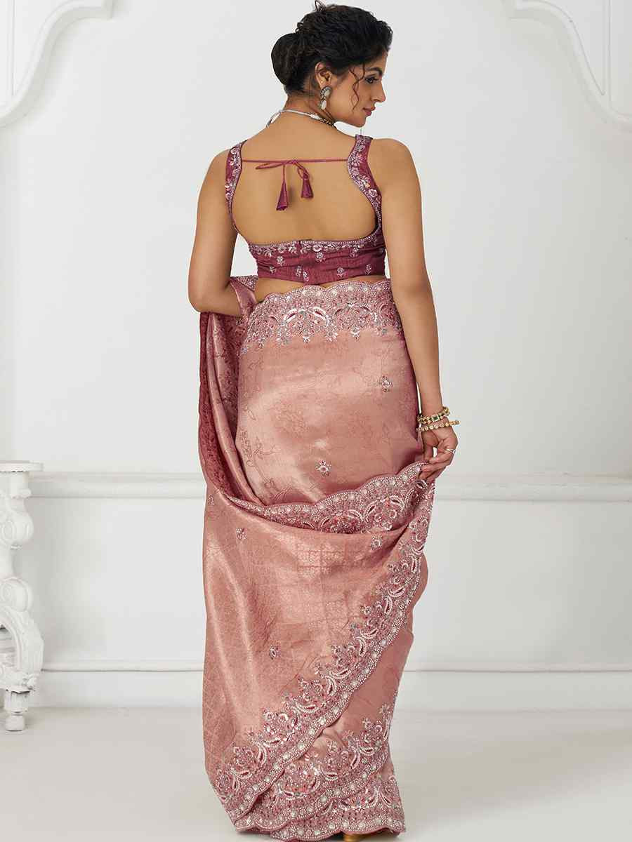 Dark Pink Pure Dola Viscouse Silk Embroidered Festival Wedding Fancy Heavy Border Saree