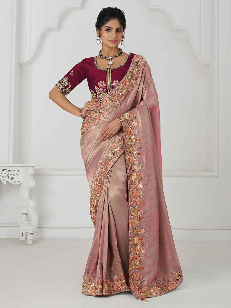 Dark Pink Pure Dola Viscouse Silk Embroidered Festival Wedding Fancy Heavy Border Saree