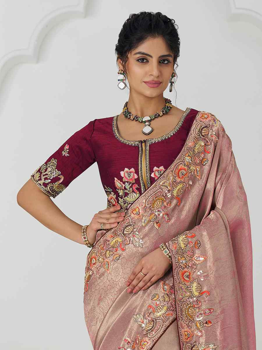 Dark Pink Pure Dola Viscouse Silk Embroidered Festival Wedding Fancy Heavy Border Saree