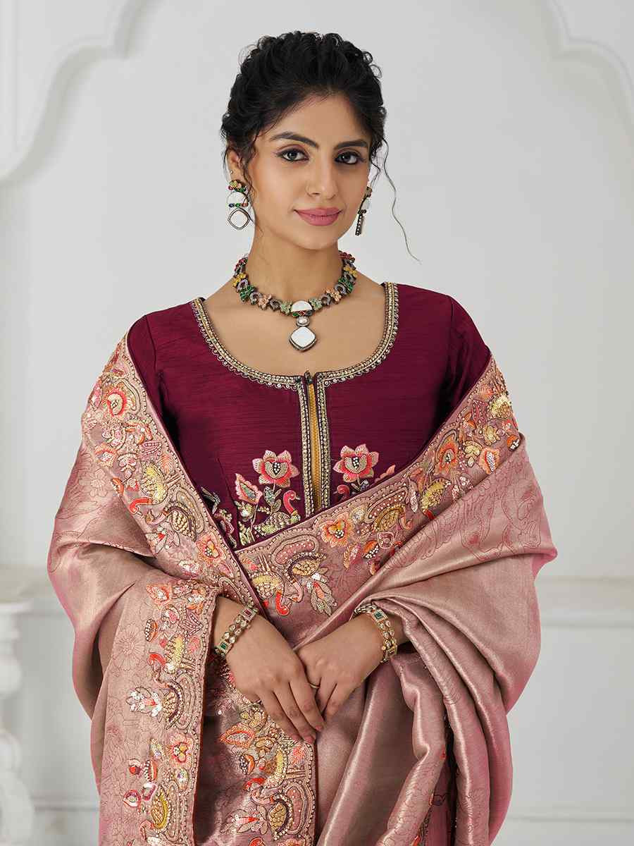 Dark Pink Pure Dola Viscouse Silk Embroidered Festival Wedding Fancy Heavy Border Saree