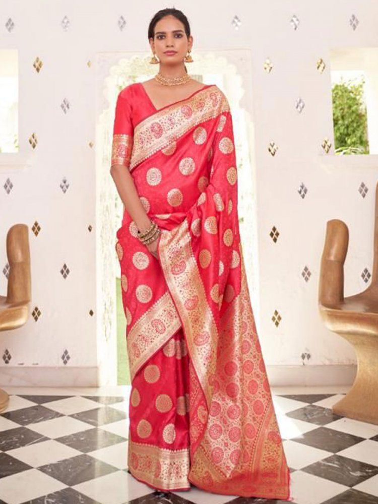 Dark Pink Satin Silk Handwoven Party Saree