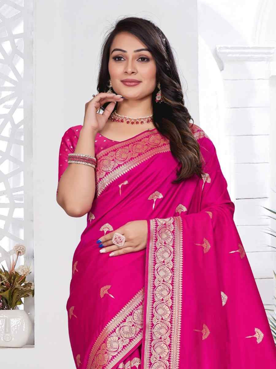 Dark Pink Silk Handwoven Festival Wedding Fancy Heavy Border Saree