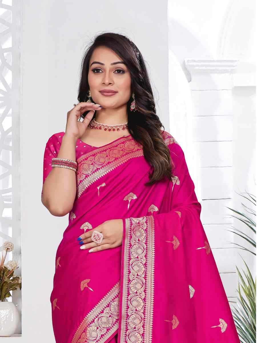 Dark Pink Silk Handwoven Festival Wedding Fancy Heavy Border Saree