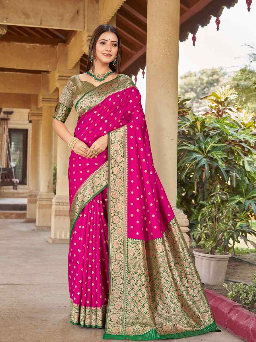 Dark Pink Silk Handwoven Festival Wedding Fancy Heavy Border Saree