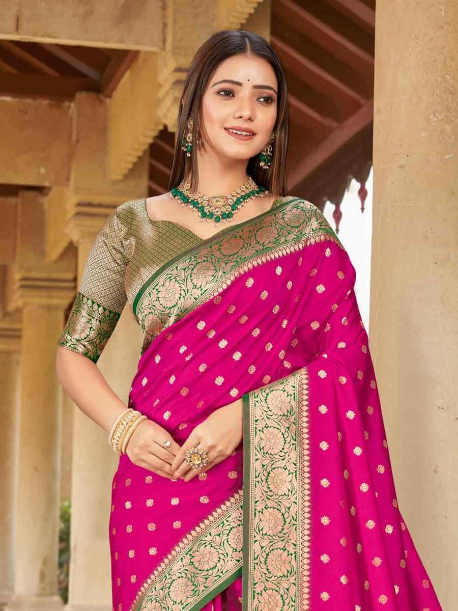 Dark Pink Silk Handwoven Festival Wedding Fancy Heavy Border Saree