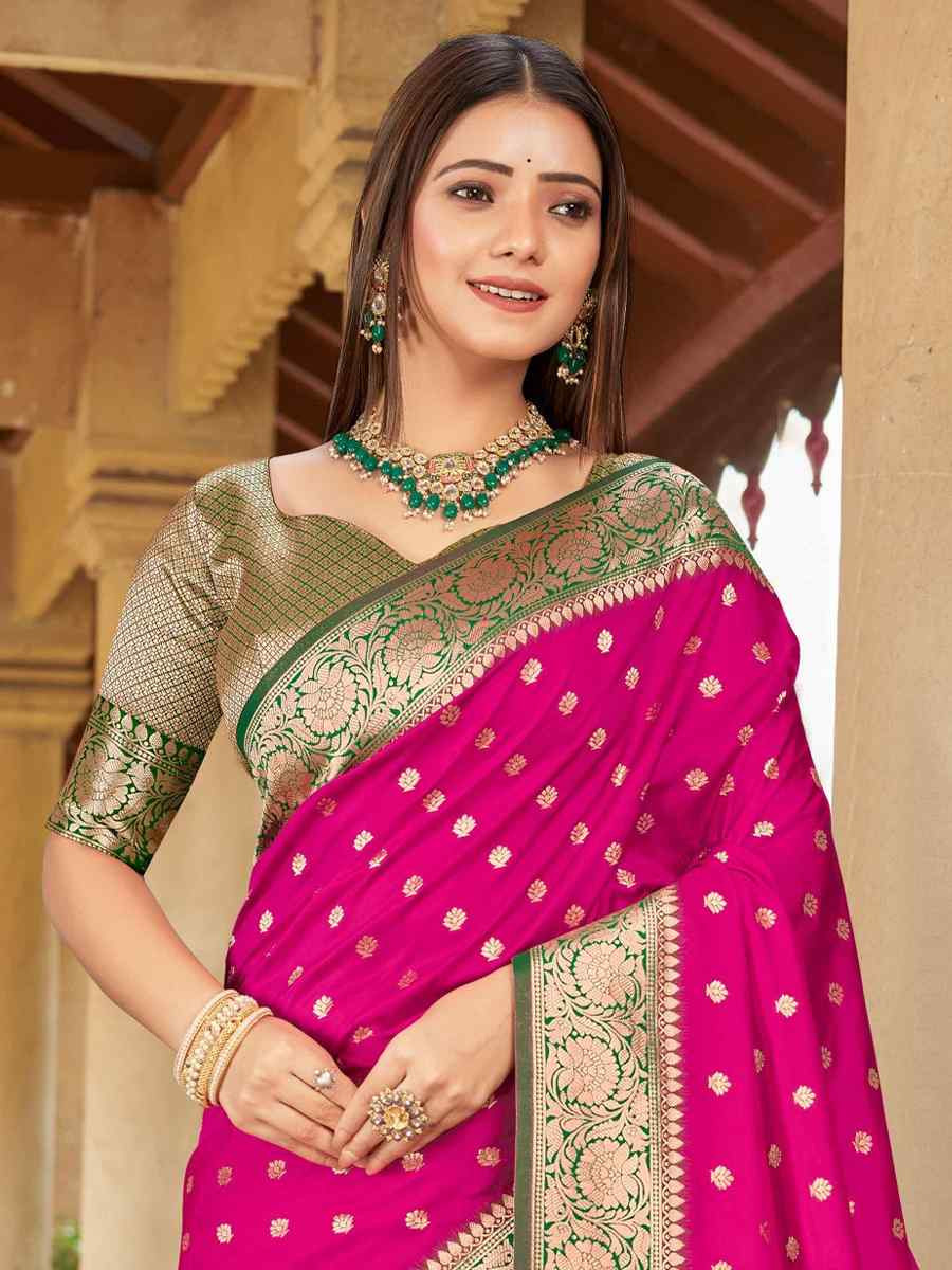 Dark Pink Silk Handwoven Festival Wedding Fancy Heavy Border Saree