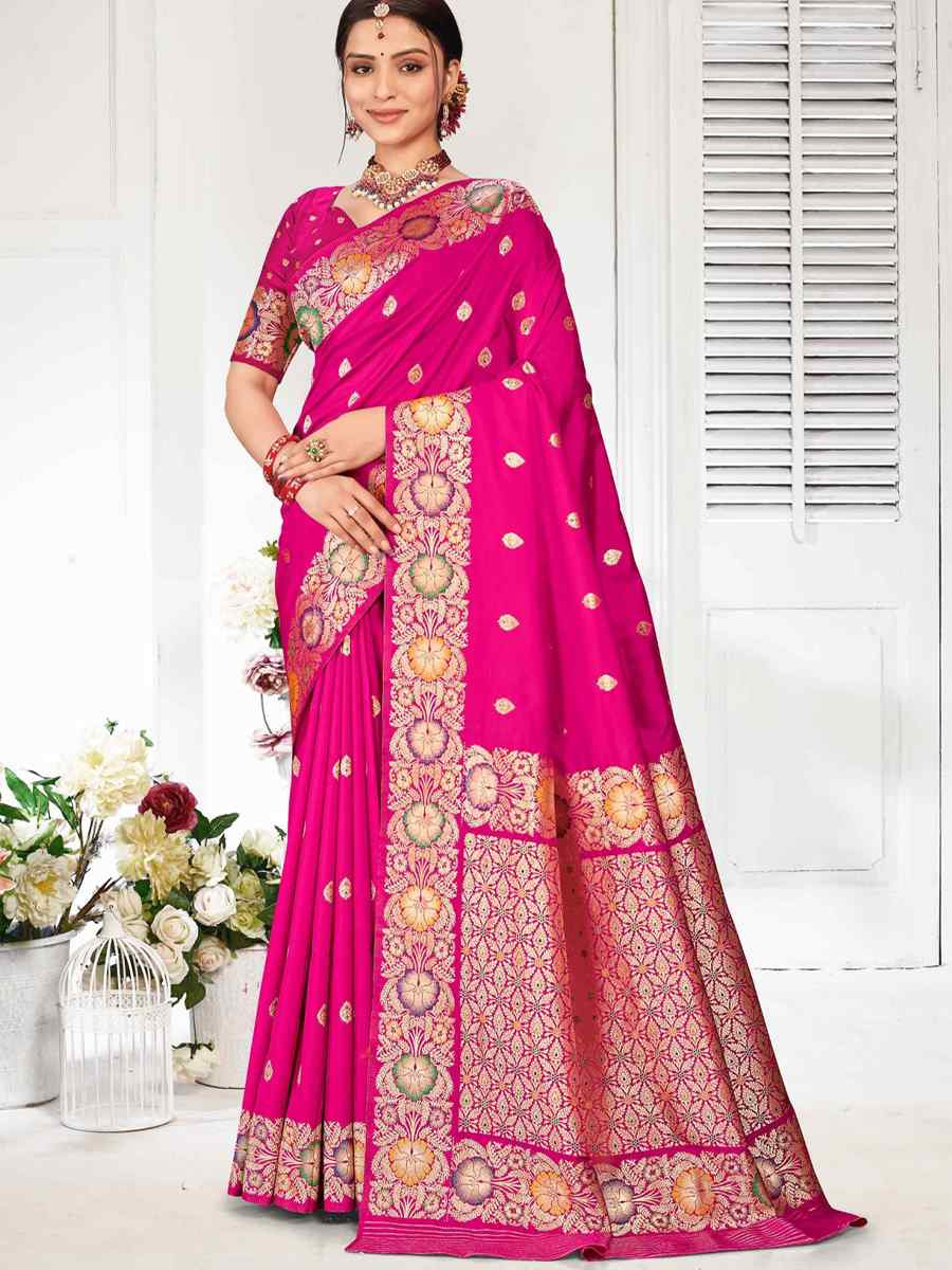 Dark Pink Silk Handwoven Festival Wedding Fancy Heavy Border Saree