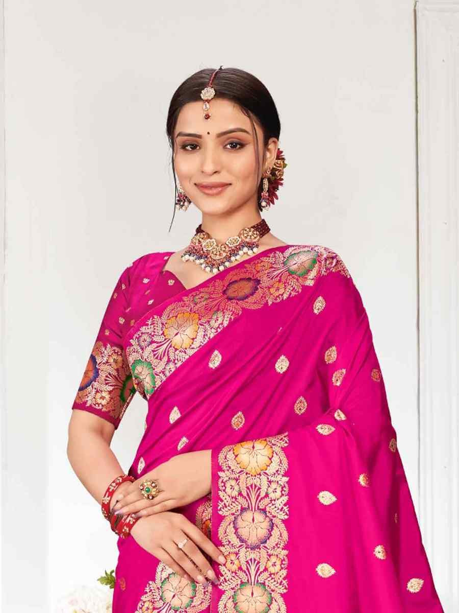 Dark Pink Silk Handwoven Festival Wedding Fancy Heavy Border Saree