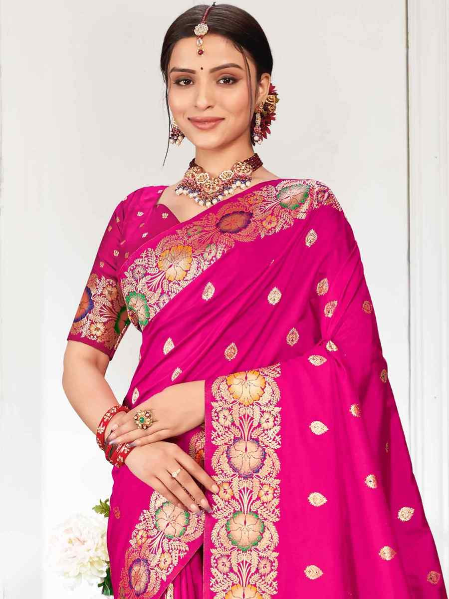Dark Pink Silk Handwoven Festival Wedding Fancy Heavy Border Saree