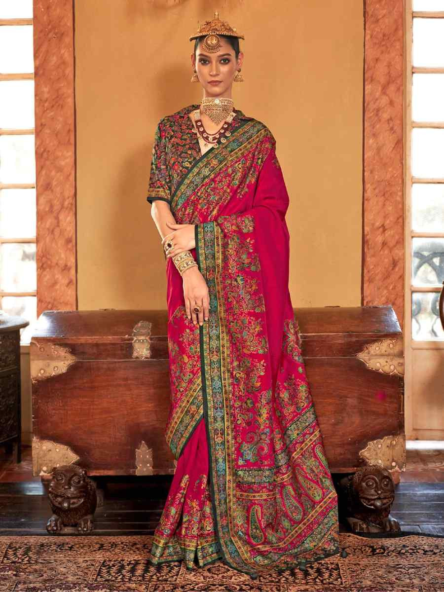 Dark Pink Silk Printed Festival Wedding Fancy Heavy Border Saree