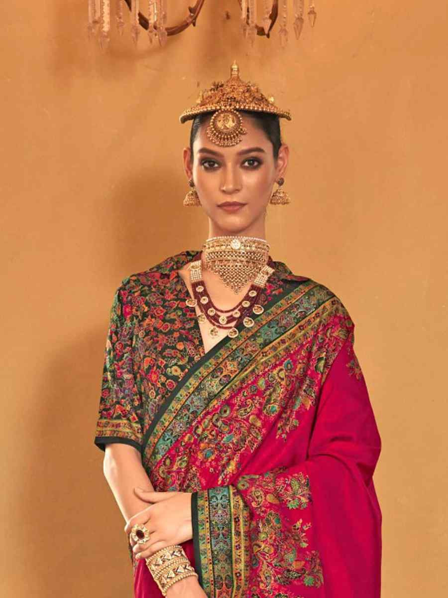 Dark Pink Silk Printed Festival Wedding Fancy Heavy Border Saree