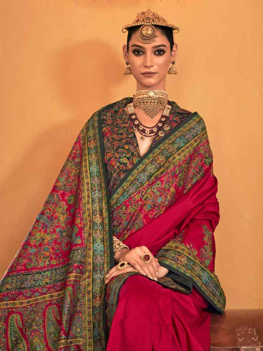 Dark Pink Silk Printed Festival Wedding Fancy Heavy Border Saree