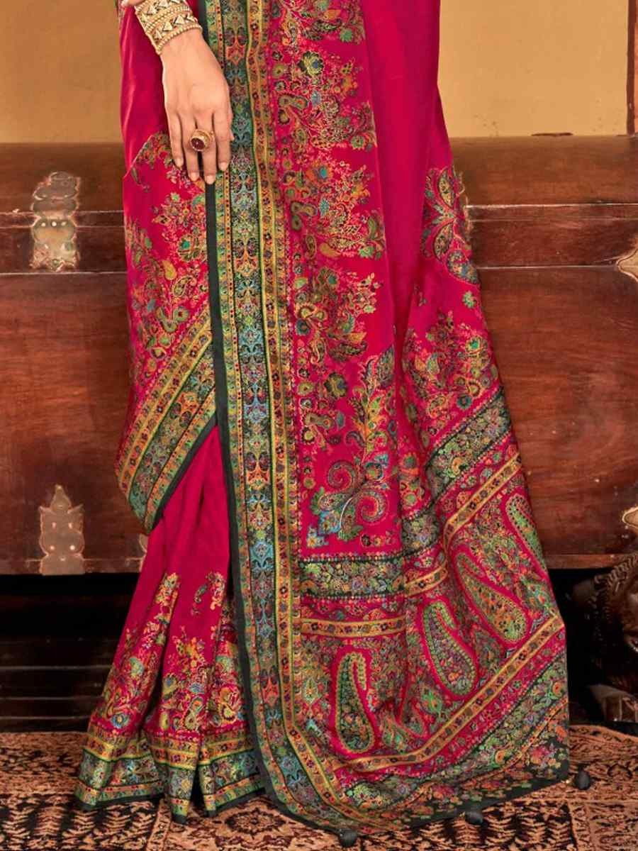 Dark Pink Silk Printed Festival Wedding Fancy Heavy Border Saree