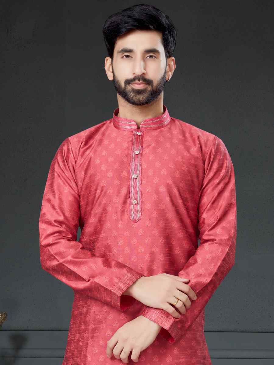 Dark Pink Silk Woven Festival Kurta