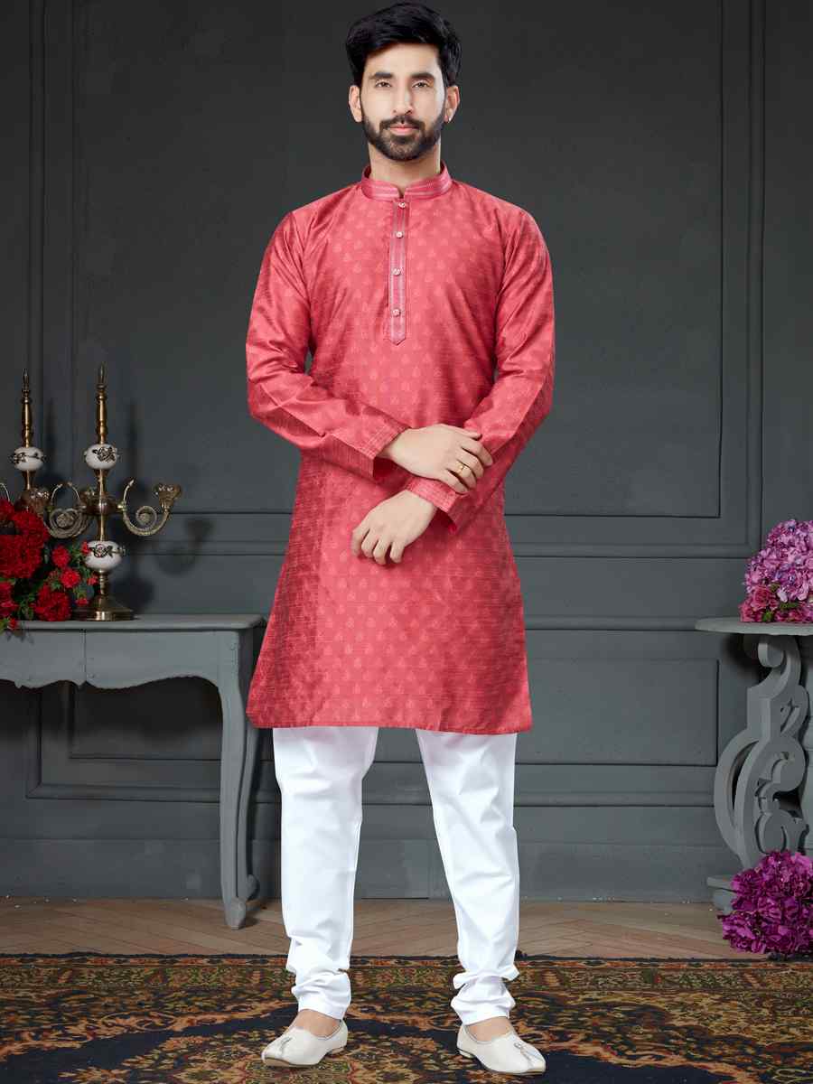 Dark Pink Silk Woven Festival Kurta