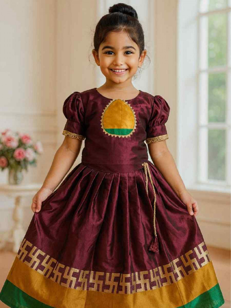 Image of Dark Premium Heavy Lichi Silk Brocade Kids Wear Wedding Festival Lehengas Girls Wear